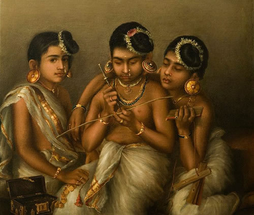 Three children from a royal family writing on a palm leaf.